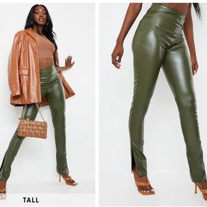 Tall Khaki Split Hem Flared PU Pants